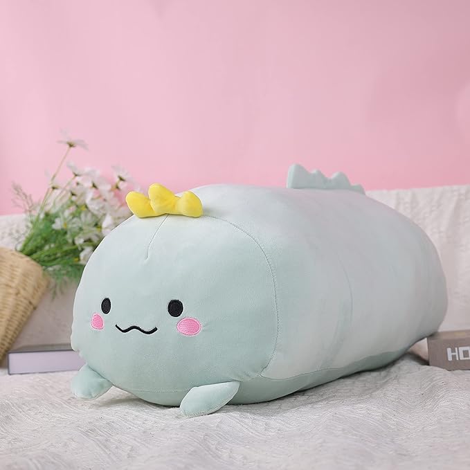 TemBe 23.6 inch Cute Large Dinosaur Plush Stuffed Animal Pillow, Very Soft Squish Mellow Hugging Toy Gifts for Bedding, Kids Sleeping Cute Pillow (Green Dinosaur)