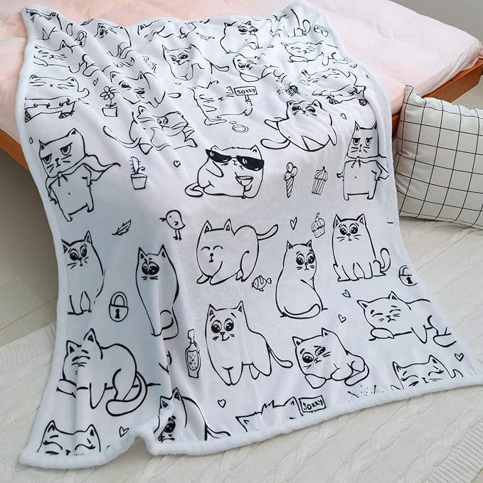Sviuse Cat Blanket Cat Gifts for Cat Lovers Soft Flannel White Cats Pattern Throw for Girls Women Kids (50" X 60", Cat 7)