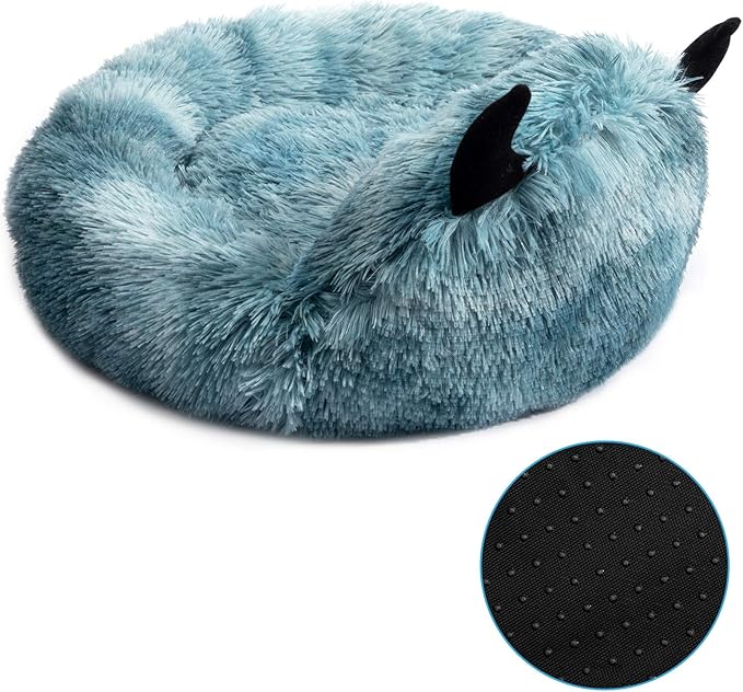 Hollypet Self-Warming Donut Pet Bed Luxury Cozy Nest Monster Sleeping Bed Round Faux Fur Bed for Cats, Blue