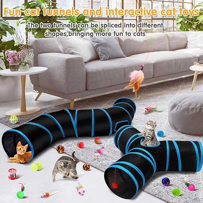 Poen 22pcs Cat Toys Kitten Toys Set with 2 Collapsible Cat Tunnel Toy and 20 Interactive Kitty Toys Cat Feather Toy, Fluffy Mouse, Crinkle Balls, for Cat Kitten Puppy (Blue, Black)