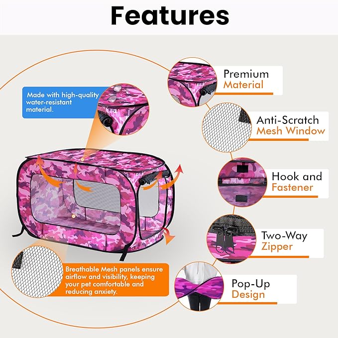 Beatrice Home Fashions Portable, Collapsible, Pop Up Kennel Travel Cat and Dog Crate, 32.5" L x 19.5" W x 19.5" H, Camo Pink