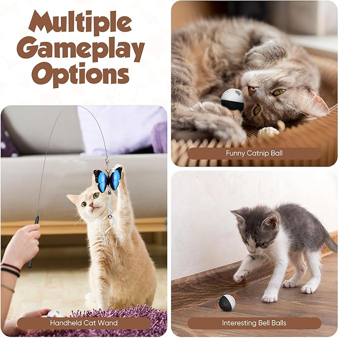 Cat Toys for Indoor Cats Automatic Cat Toy Cat Dancer Interactive Cat Toy Kitten Toys with Feather Butterfly Ribbon Cat Wand Catnip Toys for Cats Enrichment USB Rechargeable (Black)