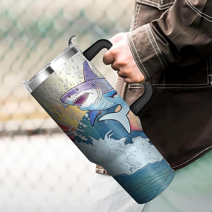40 Oz Stainless Steel Tumbler with Handle and Straw, Double Wall Insulated Shark Cup with Straw, Leak Proof Shark Coffee Mug and Tumbler for Adults Gifts