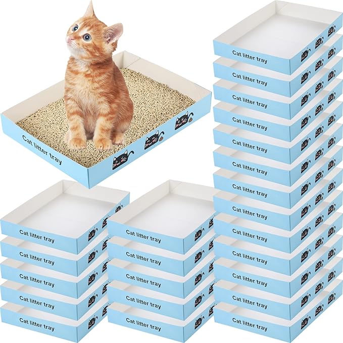 30 Pack Disposable Cat Litter Box Foldable Paper Kitty Tray 13.8x10x2 in Small Lightweight Cardboard Box Water Proof for Indoor Low Entry Easy Disposal Non Clumping Nice Absorption Portable (Blue)