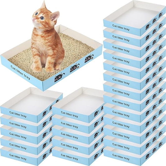 30 Pack Disposable Cat Litter Box Foldable Paper Kitty Tray 13.8x10x2 in Small Lightweight Cardboard Box Water Proof for Indoor Low Entry Easy Disposal Non Clumping Nice Absorption Portable (Blue)