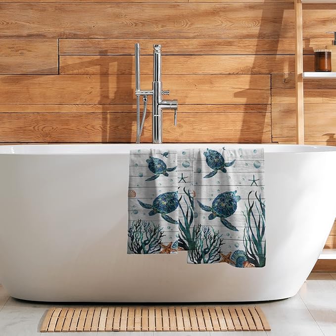 Sea Turtle Hand Towels Set of 2 Tropical Ocean Guest Bath Towel Soft Fingertip Kitchen Dish Towel Gym Spa Home Bathroom Decorations