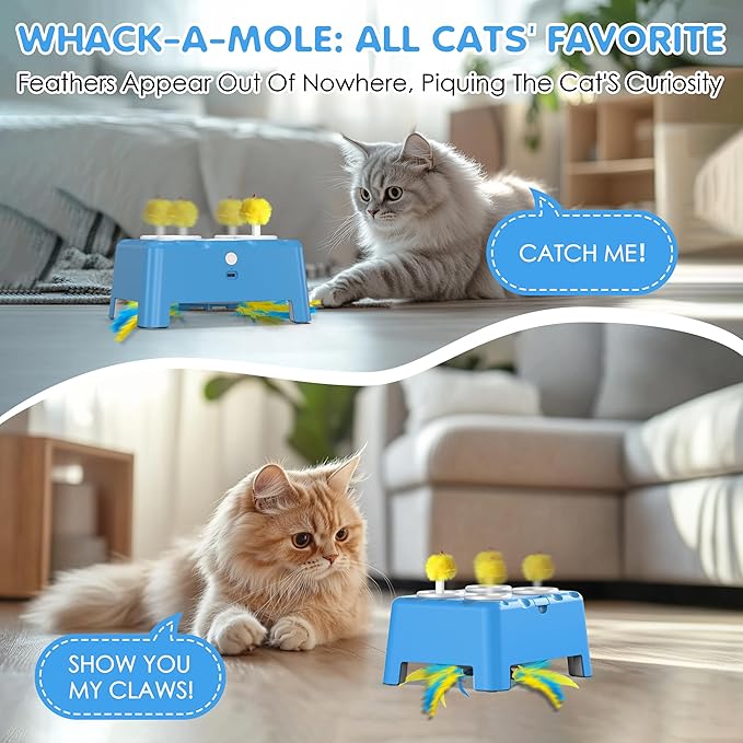 Cat Toys, 2 in1 Automatic Interactive Cat Toys for Indoor Cats, 4 Holes Mice Whack a Mole Cat Mouse Toy with Moving Feather, Rechargeable USB Power Kitten Feather Toys for All Breeds (Blue)