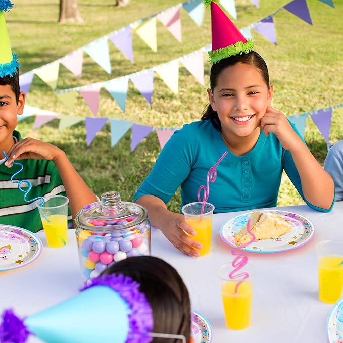 96 Pcs Birthday Party Supplies Rainbow Horned Horse Plates Napkins Forks Tableware Set Disposable Decorations for Girl Birthday Party, Serves 24 Guests