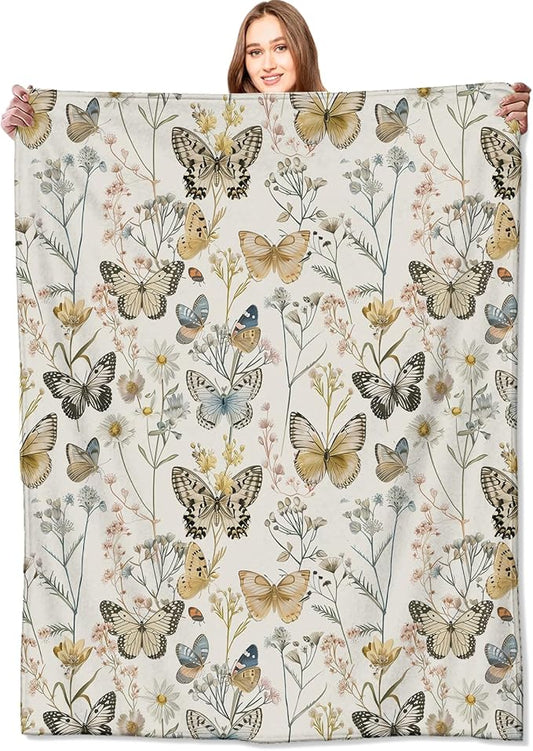 Vintage Butterfly Floral Blanket Elegant Retro Wildflowers Throw Blankets Gifts for Girls Women Adults Lightweight Soft Fleece Cozy for Sofa Couch Bed Room Travel Birthday Party Decor 50x60in