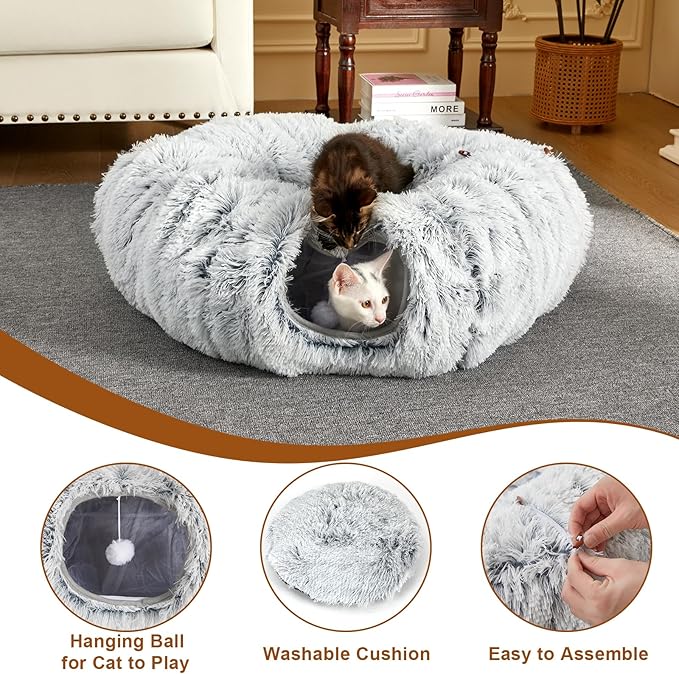 Cat Tunnel Bed for Indoor Cats Peekaboo Cat Cave Donut Tunnel for Cat with Washable Circle Cushion Interior Cat Play Tunnel (34 Inch, Grey)