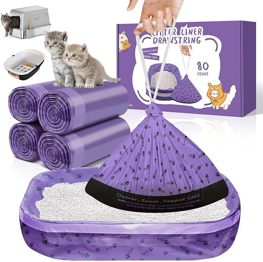 80 Count Jumbo Cat Litter Box Bags, 36" x 18" Drawstring Liners, Heavy Duty and Extra Large, Easy Clean Up, Kitty Waste Bag For Pet Supplies