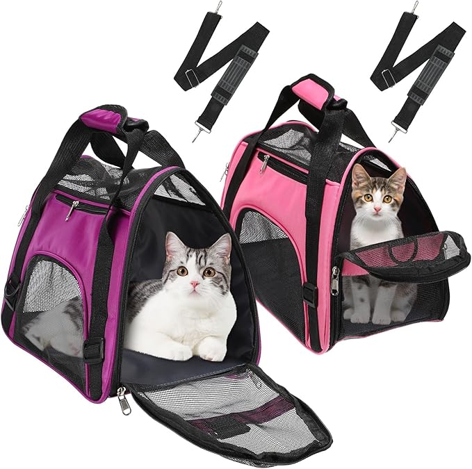 2 Pcs Pet Carrier, Soft Sided Pet Travel Carrier for Cats, Airline Approved Kitty Portable Dog Bags for Traveling Little Dogs, Rabbits, Puppy, Cat(M,Pink, Purple)