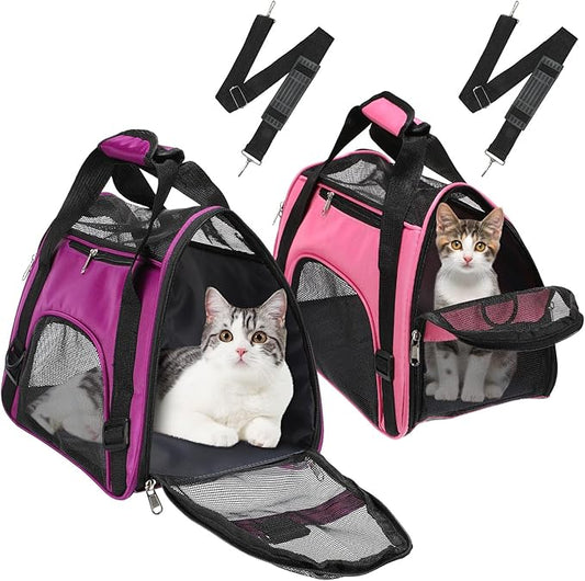2 Pcs Pet Carrier, Soft Sided Pet Travel Carrier for Cats, Airline Approved Kitty Portable Dog Bags for Traveling Little Dogs, Rabbits, Puppy, Cat(M,Pink, Purple)