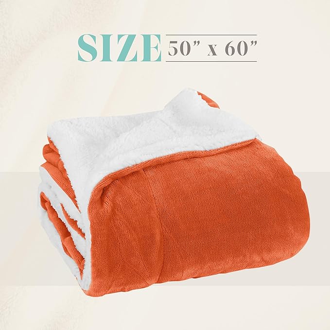 Elegant Comfort Reversible and Ultra-Plush Flannel Fleece Sherpa Throw- Lightweight Soft and Cozy- All Season Decorative Throw, Perfect for Lounging, 50 x 60 inches, Orange