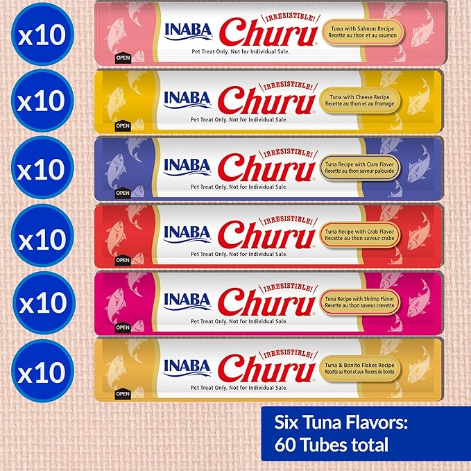 INABA Churu Cat Treats, Grain-Free, Lickable, Squeezable Creamy Purée Cat Treat/Topper, 60 Servings, Tuna Variety Box