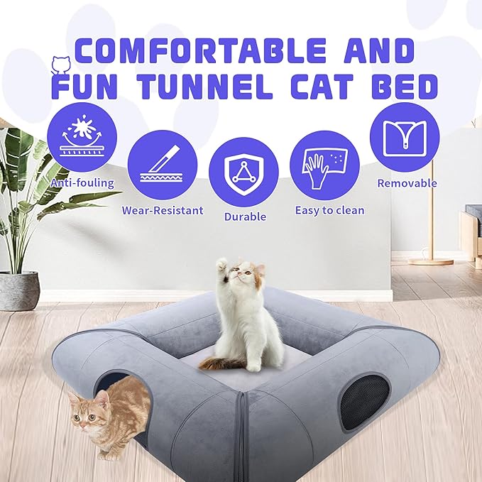 Cat Tunnel Bed, Indoor Cat Cave, Removable Cat Tunnel with Removable Soft Pad, Sturdy and Scratch Resistant, Suitable for Small and Medium Cats (Gray)