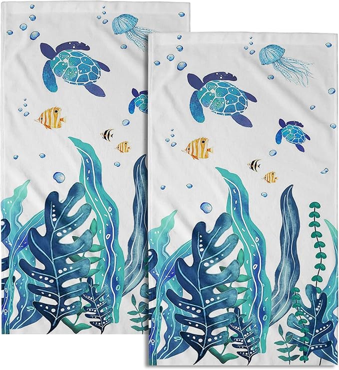 Sea Turtle Hand Towels Set of 2 Marine Seaweed Bath Fingertip Towel Soft Decorative Washcloth Guest Face Towel Kitchen Tea Dish Towels