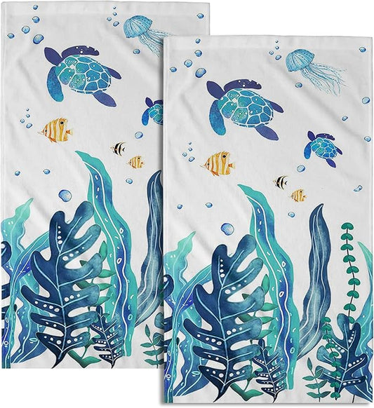 Sea Turtle Hand Towels Set of 2 Marine Seaweed Bath Fingertip Towel Soft Decorative Washcloth Guest Face Towel Kitchen Tea Dish Towels