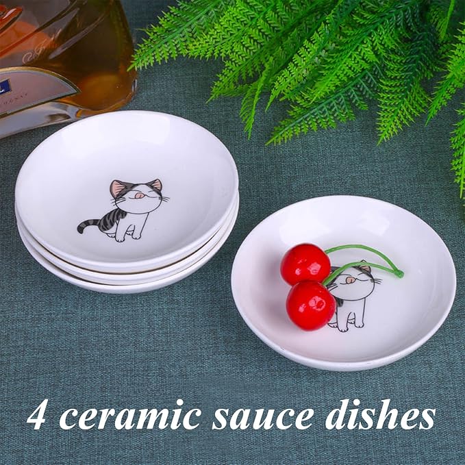 4 Pack Saucer Dishes with Cat Pattern, Ceramic Dipping Bowls Set, 4 Inch Side Dishes Sauce Dishes for Sushi Sauce Snack Soy, Porcelain Seasoning Dishes Side Bowls, Snack Serving Dishes