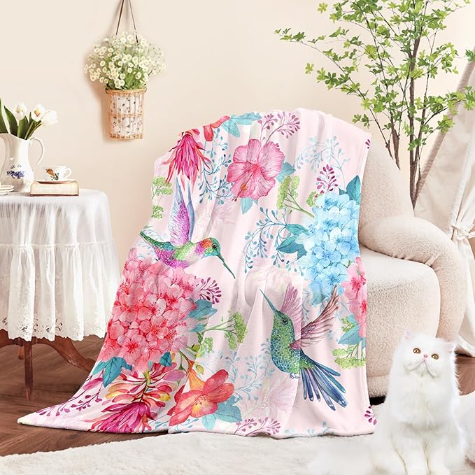 Floral Throw Blanket for Girls Women Colorful Birds Soft Fuzzy Flannel Bed Blanket for Adults Plush Watercolor Flowers Christmas Birthday Gifts,50x60”