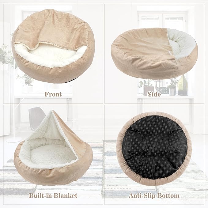 Dog Bed Warm with Hooded Blanket, Anti-Anxiety Puppy Pet Bed Cave Super Soft, Non-Slip Bottom, Machine Washable, Cozy Donut Indoor Pet Beds Fluffy for Dogs and Cats, Fits up to 26.5lbs, 23.6inch Beige