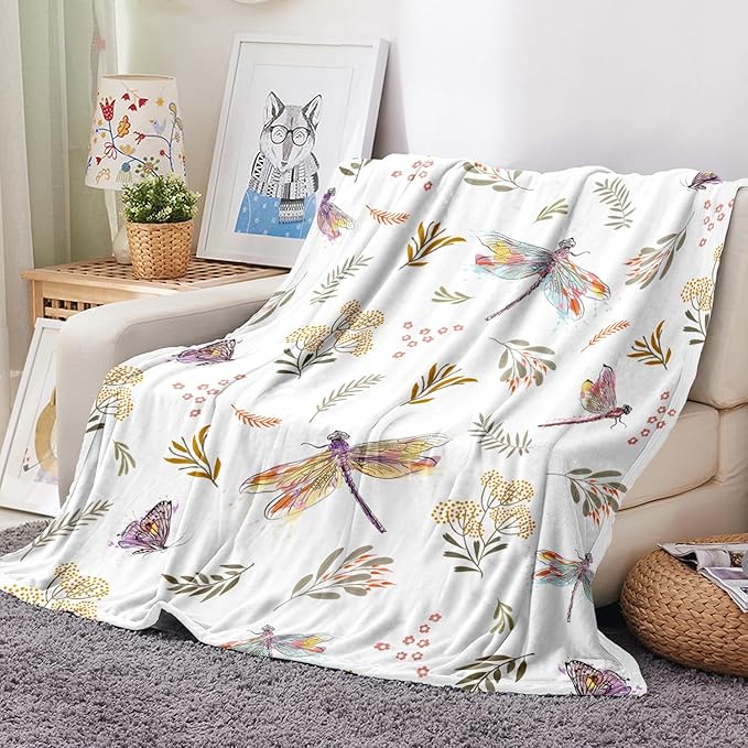 Dragonfly Throw Blanket Floral Flower Throw Blanket Botanical Plant Flannel Fleece Throw Blankets Butterfly Cozy Fuzzy Plush Throw Blankets for Bed Chair Couch 60" X 80"