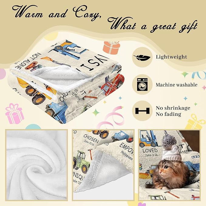 Christian Gifts for Boys, God Says I Am Construction Truck Blanket 50"x60", Inspirational Religious Birthday Gifts for Truck Lover Bible Verse Blanket, Construction truck gifts, Christian truck Gifts