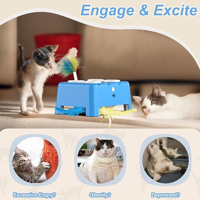 Cat Toys, Interactive Cat Toys, 2-in-1 Automatic Cat Toy, 4 Holes Mice Whack A Mole Cat Mouse Toy with Moving Feather, Portable USB Rechargeable Electronic Kitten Toys (Blue)