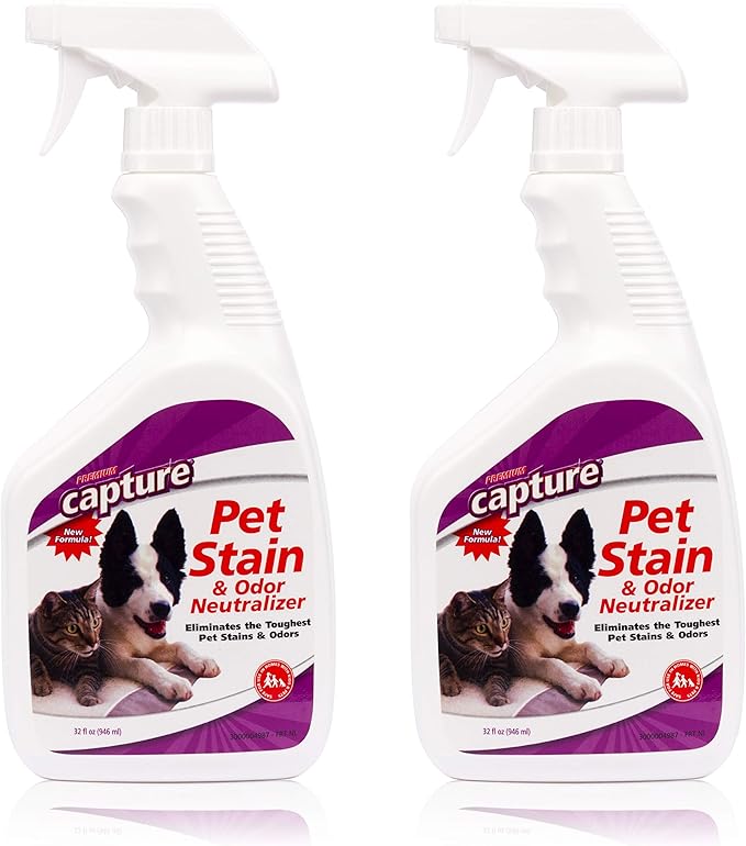 Capture Pet Stain & Odor Neutralizer - Pet Stain Remover for Carpet, Wood, Leather, Rug, Bed, Couch, Car, Upholstery, Clothes, Curtains, Wall, Floor, Concrete - 32oz Portable Spray Bottle (2 Pack)