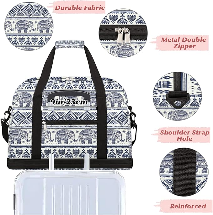 Bohemian Ethnic Elephant Foldable Travel Duffel Bag Tote Carry On Luggage Sports Gym Bag With Shoe Compartment For Woman Man Overnight Weekend Yoga Workout Bag Training Handbag