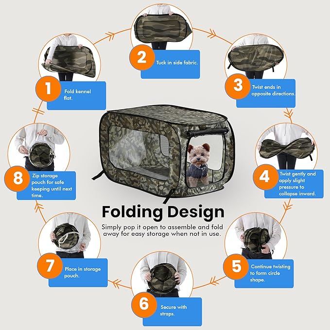 Beatrice Home Fashions Portable, Collapsible, Pop Up Kennel Travel Cat and Dog Crate, 40" L x 27" W x 27" H, Camo Green