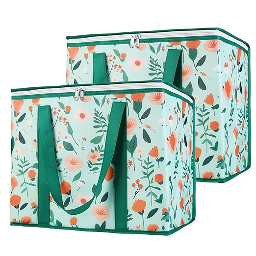 Bodaon 2-Pack Insulated Reusable Grocery Shopping Bags, X-Large Picnic Cooler Bag with Zipper/Zippered Top Cold, Insulated Food/Pizza Delivery Bag for Catering/Doordash/Uber Eats