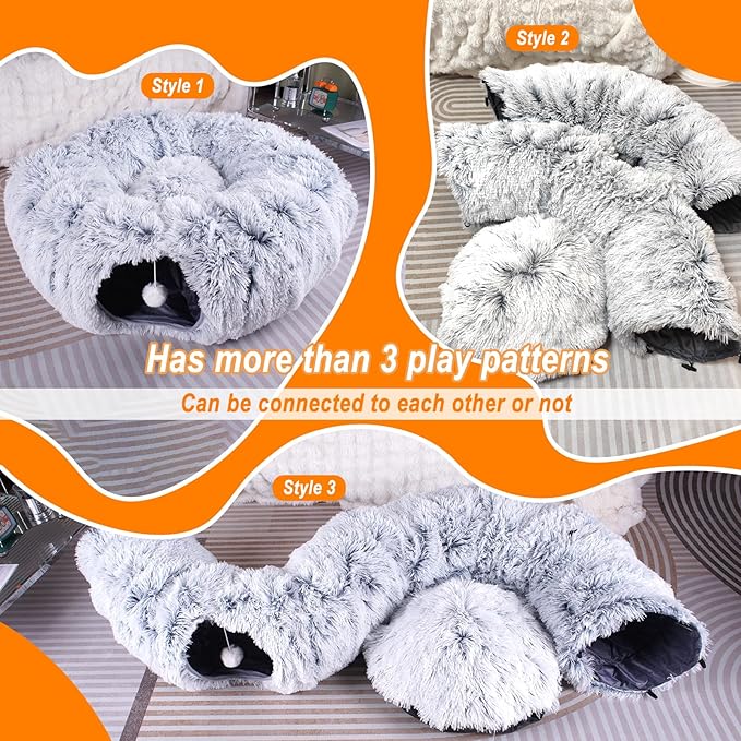 Cat Tunnel Bed for Indoor Cats，Large cat Donut Tunnel 3 Forms Peekaboo cat cave with Washable Cushion Multifunctional Cat Toys for Cats Rabbit,Cat Bed + Cat Tunnel+Cat Toys (Cat Tunnel Bed no Plush)