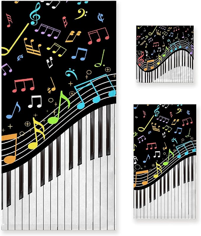 Gaming 3 Piece Towel Bathroom Sets, 1 Bath Towel, 1 Washcloth, 1 Hand Towel, Cotton Fast Dry Soft Absorbent Towel Set for Home Kitchen Family (Music Note Piano)
