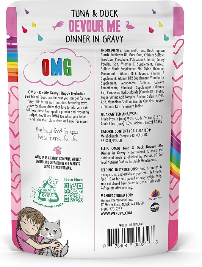 Weruva B.F.F. OMG - Best Feline Friend Oh My Gravy!, Tuna & Duck Devour Me with Tuna & Duck in Gravy Cat Food, 3oz Pouch (Pack of 12)