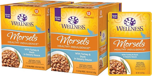 Wellness Healthy Indulgence Morsels Grain-Free Wet Cat Food, Made with Natural Ingredients and Quality Proteins, Complete and Balanced Meal, 3 oz Pouches (Turkey & Duck in Savory Sauce, 24 Pack)
