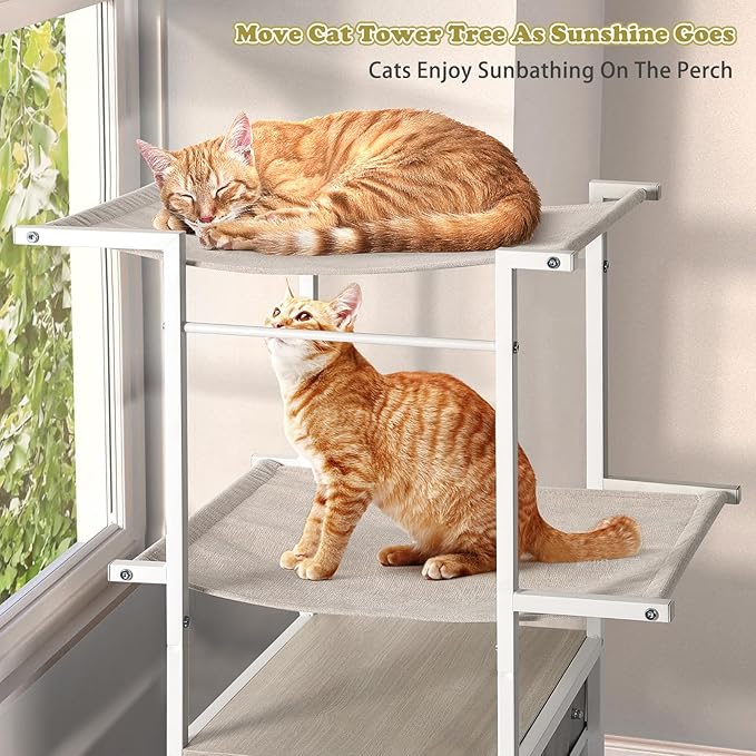 Modern Cat Tree with Sisal Scratching Post,Cat Scratcher,Cat Tower with Cat Hammock Bed Perch,Toys,Storage Drawer,Small Cat Tower Tree Stand,Cute Cat Condo for Kittens Medium Cats