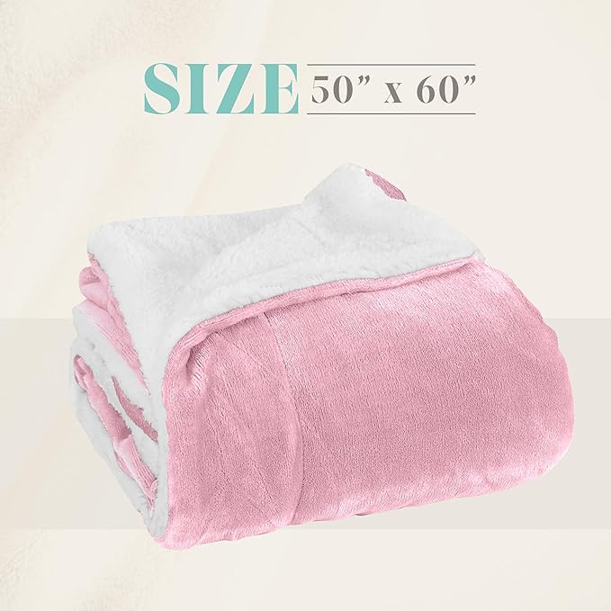 Elegant Comfort Reversible and Ultra-Plush Flannel Fleece Sherpa Throw- Lightweight Soft and Cozy- All Season Decorative Throw, Perfect for Lounging, 50 x 60 inches, Light Pink