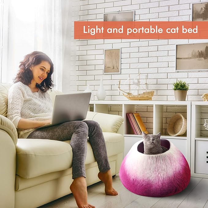 Felted Wool Cat Cave Bed ~ Perfect Handcrafted Cat Beds for Indoor Cats ~ Felted from 100% Natural Wool ~ Eco Friendly with Your Cats (Rose Petals)