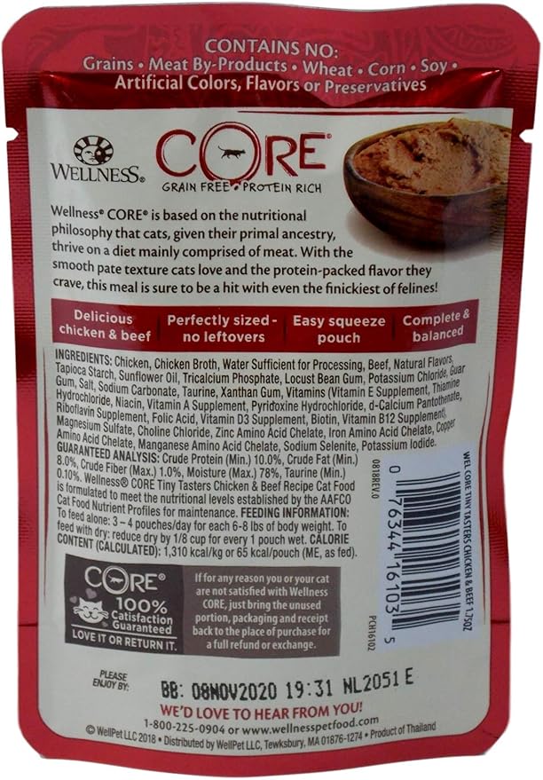 Wellness CORE Tiny Tasters Grain Free Cat Food 4 Flavor 8 Pouch Plus Catnip Toy Sampler Bundle, (2) Each: Duck, Tuna, Chicken, Chicken Beef, (1.75 Ounces)