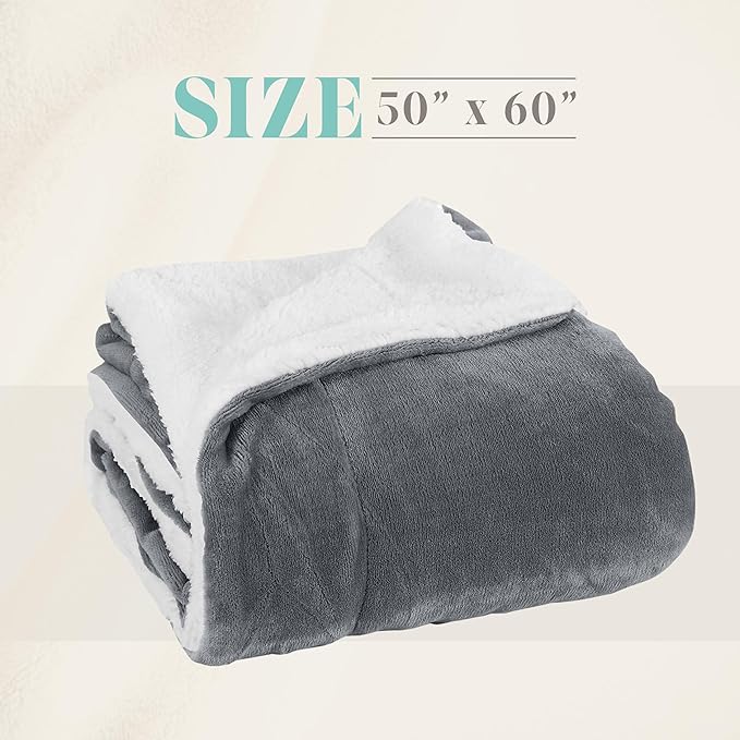 Elegant Comfort Reversible and Ultra-Plush Flannel Fleece Sherpa Throw- Lightweight Soft and Cozy- All Season Decorative Throw, Perfect for Lounging, 50 x 60 inches, Gray