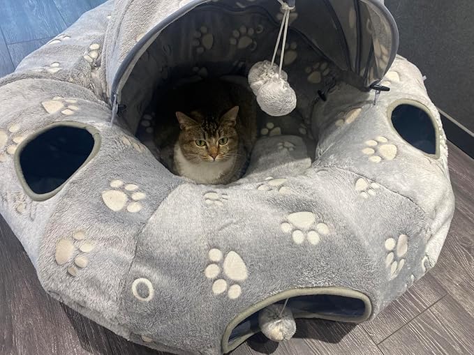 Cat Tunnel Bed, Cat Tunnels for Indoor Cats, Cat Donut Tunnel Toy with Washable Circle Cushion, Straight Shaped Tunnel, 4 Fluffy Balls, Blackout Tent, Self-Luminous Cat Toys（Grey）