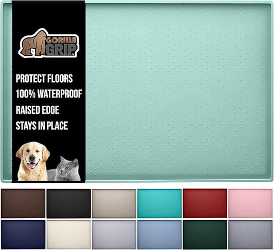 GORILLA GRIP 100% Waterproof Raised Edge BPA Free Silicone Pet Feeding Mat, Dog Cat Food Mats Contain Spills Protects Floors, Placemats for Cats and Dogs Water Bowl, Pets Accessories 18.5x11.5 Mint