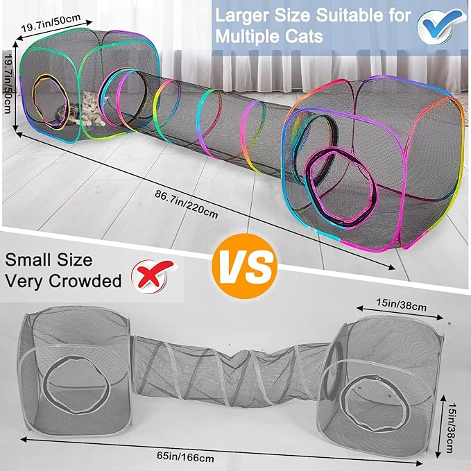 Outdoor Cat Enclosures Portable Cat Tunnel with Carry Bag Breathable Cat Tent Outdoor with 2 Mouse Toys Outside Cat Enclosure for Indoor Cats (2 Cubes + Run Tunnel)