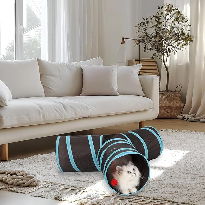3 Way Cat Tunnel and Tube, Cat Tunnels for Indoor and Outdoor Cats, Collapsible Cat Tunnels with Peek Hole for Cat, Puppy, Kitty, Rabbit, Puppy (T-Shaped Black-Blue)