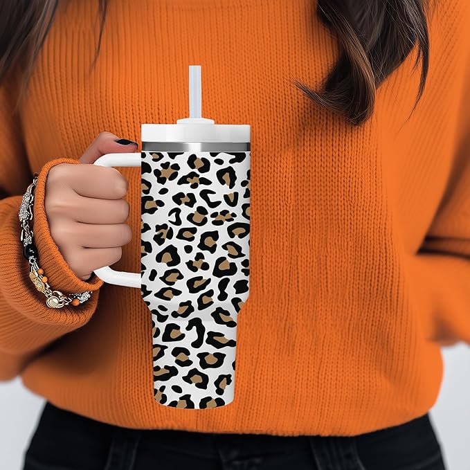 AMZUShome 40 OZ Leopard Print Tumbler with Handle.Leopard Print Lover Gifts.Unique Birthday Christmas Gifts for Leopard Print Lover.Personalized 40 OZ leopard print Tumbler Gifts for Women Men.