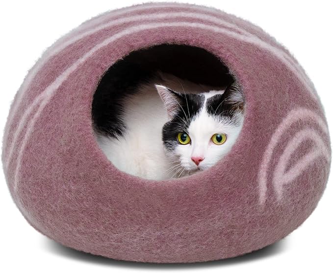 MEOWFIA Cat Cave – Premium Felt Cat Bed for Indoor Cats, Handmade 100% Merino Wool (Light Shades) (Medium, Pink)