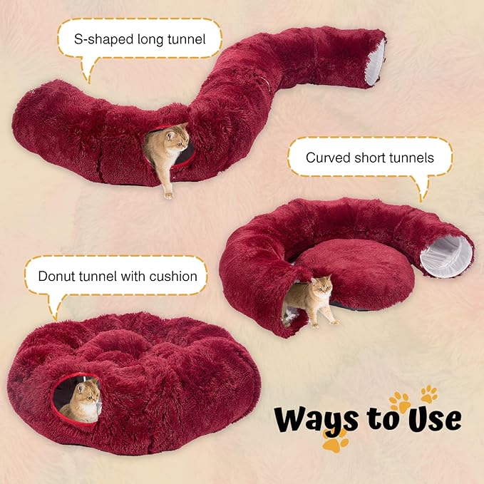 Avont Cat Tunnel Bed with Central Washable Cushion - Large Cat Tunnel Tube Toys 3 Shape to Play for Indoor Cats Kittens Puppies Ferret, Round Plush Fluffy Cat Bed with Tunnels -Red