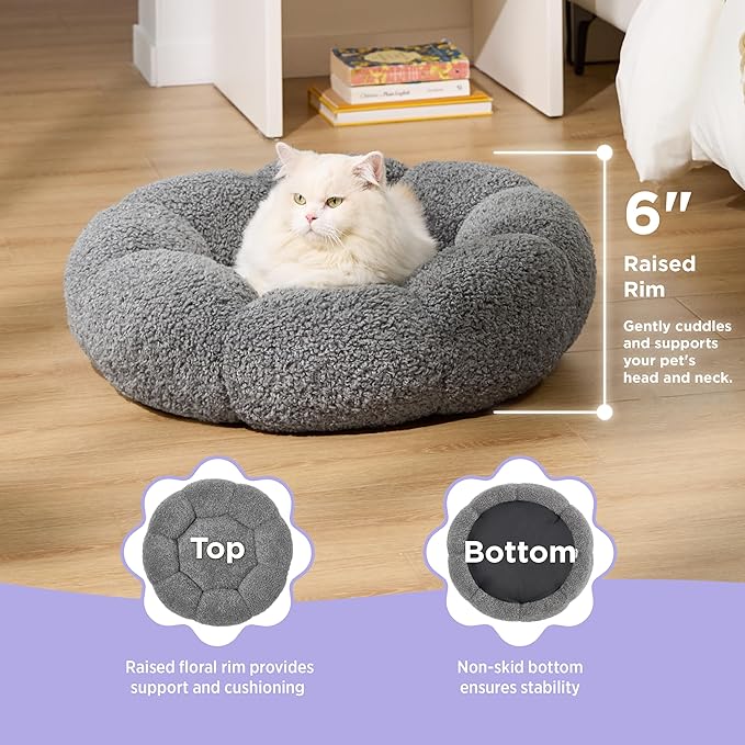 Lesure Calming Cat Beds for Indoor Cats - Cute Flower Pet Beds in Teddy Sherpa Plush, Donut Round Fluffy Puppy Bed, Non-Slip Extra Small Dog Bed Fits up to 15 lbs, Machine Washable, Grey 20"