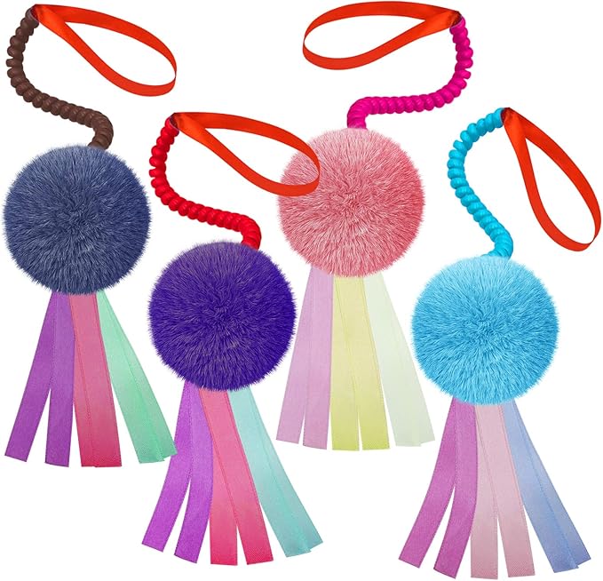 4Pcs Cat Crinkle Interactive Toys Colorful Furry Balls Sounable with Ribbon and Elastic Coil Spiral Springs Chasing Toys for Indoor Feline Kitten Door Hanging Cats Teaser Toys